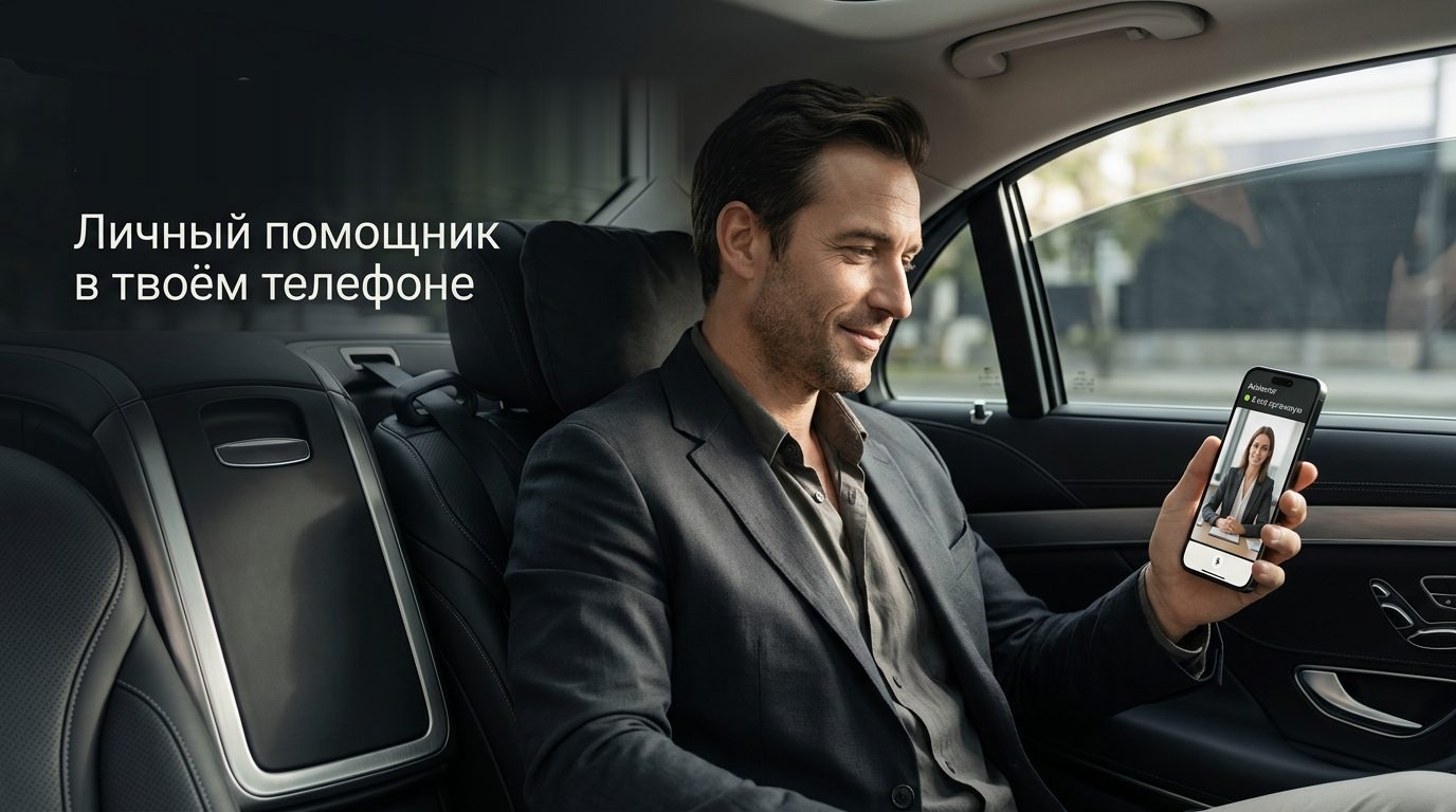 Личный помощник в твоём телефоне. Мужчина в машине смотрит на экран помощника.