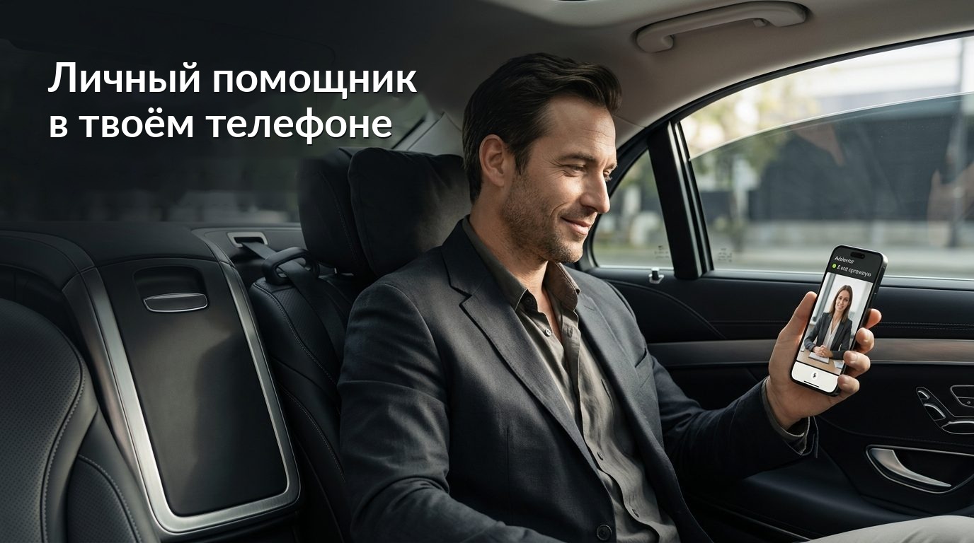 Личный помощник в твоём телефоне. Мужчина в машине смотрит на экран помощника.