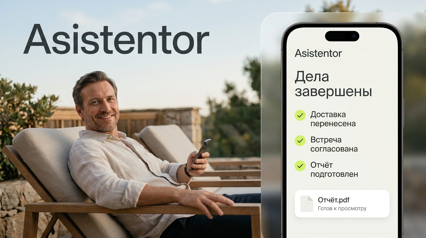 Мужчина на террасе. На экране asistentor: дела завершены — доставка перенесена, встреча согласована, отчёт подготовлен.